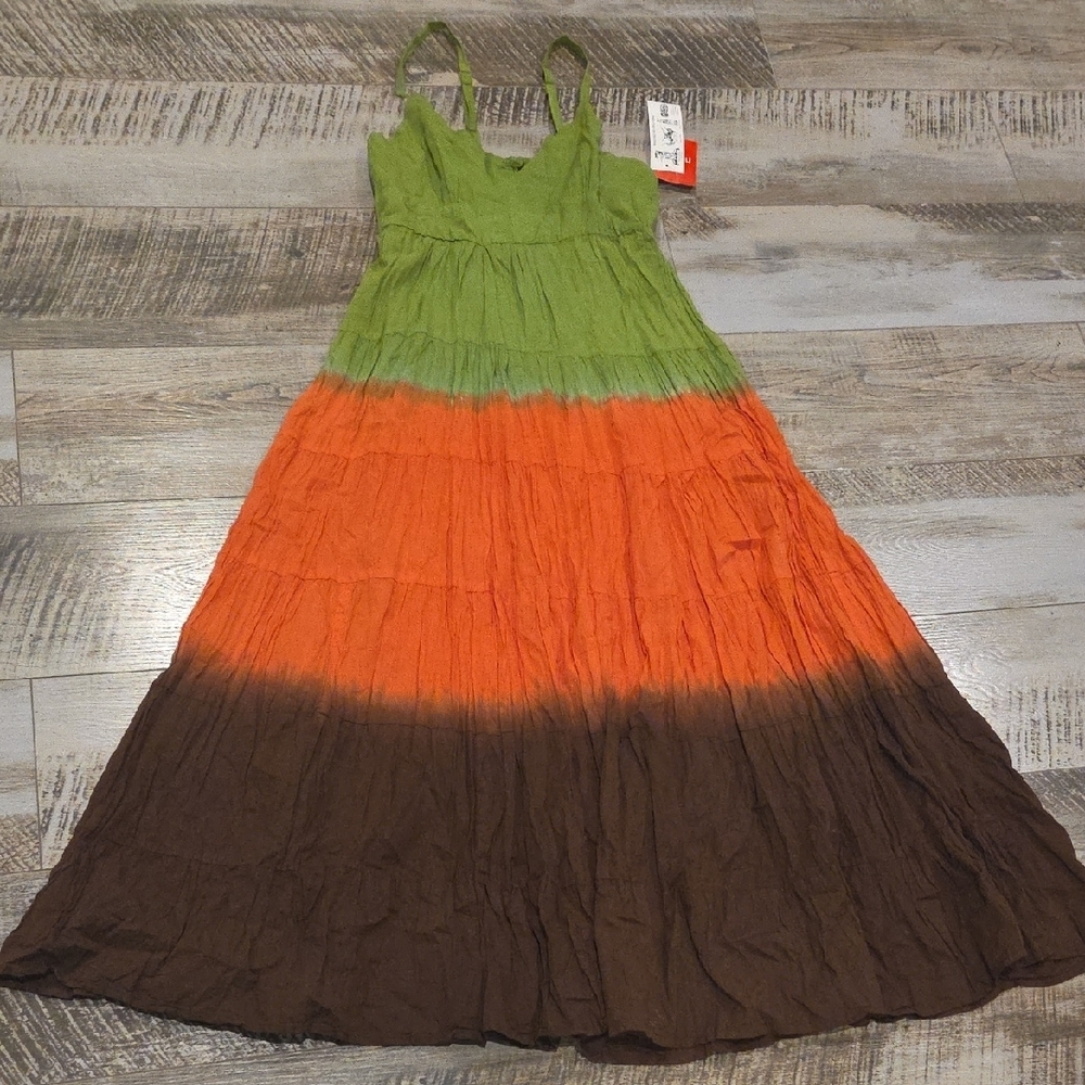 Tiered Maxi Dress in Green, Orange & Brown